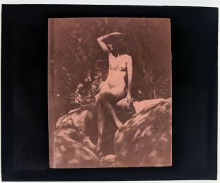 Antique Nude Figure Study Glass Slide Pretty Brunette On The Rocks Vv