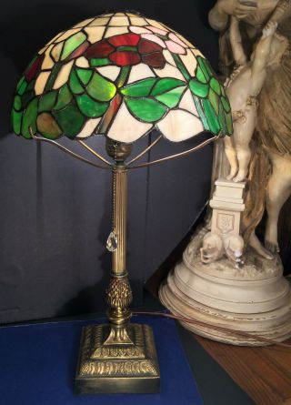 Fine Antique Art Deco Solid Brass And Leaded Slag Glass Table Lamp C.  1920