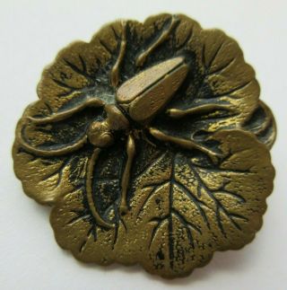 Wonderful Large Antique Vtg Victorian Metal Picture Button Beetle On Leaf (n)