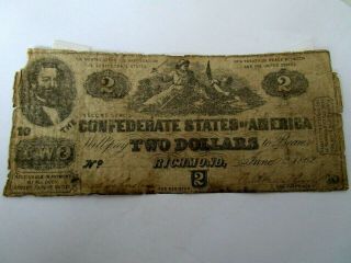 1862 Antique Confederate 2 Dollar Bill Richmond 2$ Currency