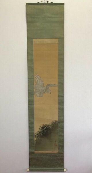 Japanese Hanging Scroll Kakejiku White Dove Hand Paint Silk Stamp Antique C062