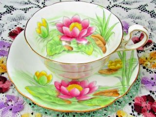 Aynsley Pink & Yellow Painted Water Lily Low Doris Tea Cup And Saucer