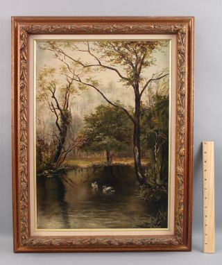 Antique Signed American Landscape Oil Painting W/ Lake & Swans,