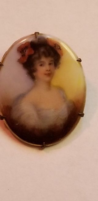 Antique Vintage Gilded Nouveau Painted Porcelain Art Nouveau Lady Brooch Pin 2