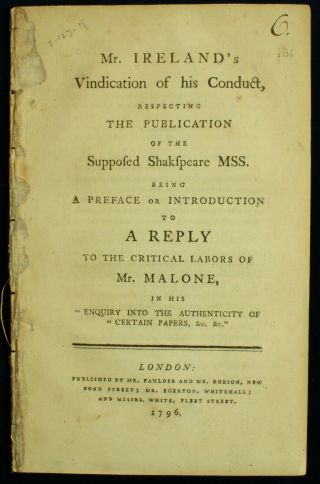 Ireland Vindication Of His Conduction.  Supposed Shakespeare Mss 1796 1st Nr