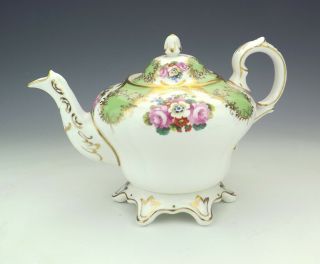 Antique English Porcelain - Hand Painted Flower Decorated Teapot - Early