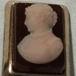 Antique Vintage Carved Lady Pink Cameo Stick Pin 3” Long.  Mounted On A Red Ston