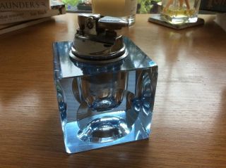 Stunning Art Deco Vintage Square Blue Glass Chrome Lighter With Circle