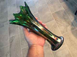 Fenton Antique Carnival Glass Green Long Thumbprint Vase