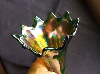 Fenton Antique Carnival Glass Green Long Thumbprint vase 2