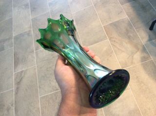 Fenton Antique Carnival Glass Green Long Thumbprint vase 3