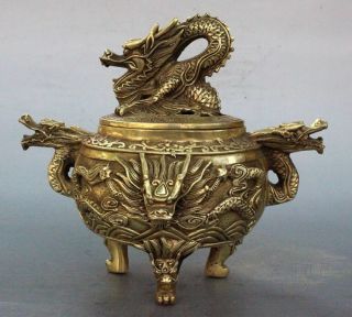 Vintage Style Brass Chinese Dragon Incense Burner / Censer Statue Rn
