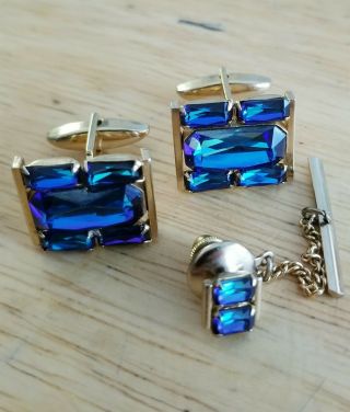 Vintage Swank Gold Tone Blue Jeweled Cuff Links & Tie Pin