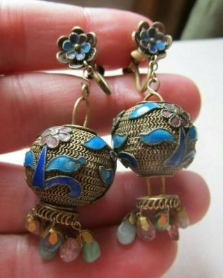 Antique 1920s Chinese Enamel Gold Silver Filigree Dangle Earrings Screw Back
