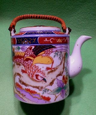 Vintage Japanese Imari porcelain Teapot w/ EAGLE & Floral Design wrapped handle 2