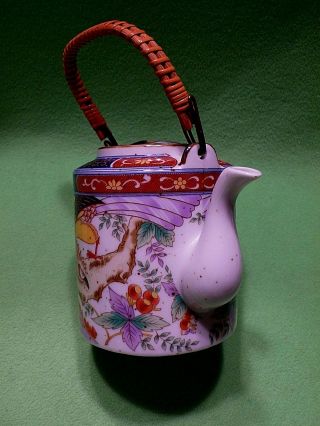 Vintage Japanese Imari porcelain Teapot w/ EAGLE & Floral Design wrapped handle 4