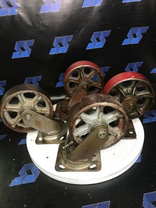 4 Antique 6 " Wheels Industrial Casters Cast Iron Steel Steampunk Heavy Duty Cart