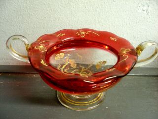 Moser Antique Bohemian Cranberry Art Glass Compote With Handles Relief Gold Trim