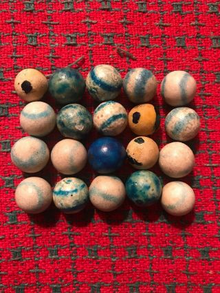 20 Vintage Antique Clay Toys Marbles Dyed Blue And White.