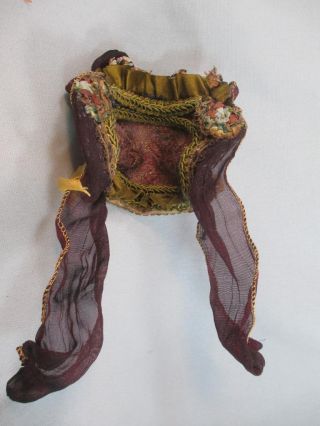 Vintage Doll Small Hat Wired Bonnet Burgundy Green & Gold Silk & Flowers OOAK 2