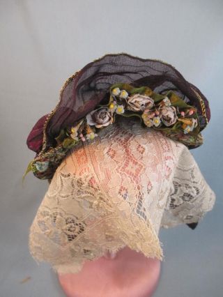 Vintage Doll Small Hat Wired Bonnet Burgundy Green & Gold Silk & Flowers OOAK 8
