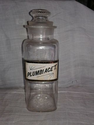 Antique Pharmacy Bottle W/ Ground Glass Stopper,  " Plumbi Acet " Label Under Glass