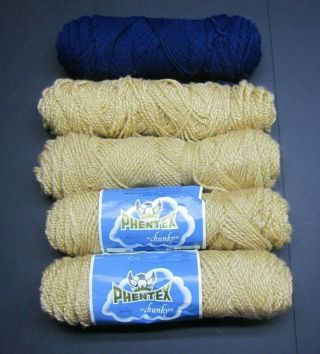 Vintage Phentex Chunky Acrylic Yarn 5 Skeins 4 Capucinno 1 Dark Blue Brown Tan