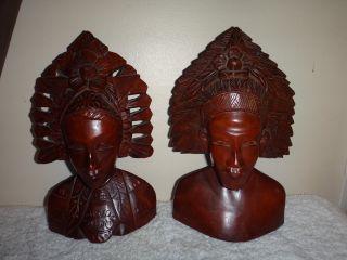 Vintage Asian Hand Carved Hardwood Man & Women Busts Klung Kung Deity Figures