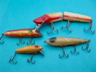 4 Vintage Classic Heddon Wood Glass Eyes Lures - Well Fished