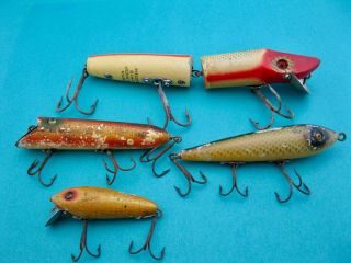 4 VINTAGE CLASSIC HEDDON WOOD GLASS EYES LURES - WELL FISHED 4