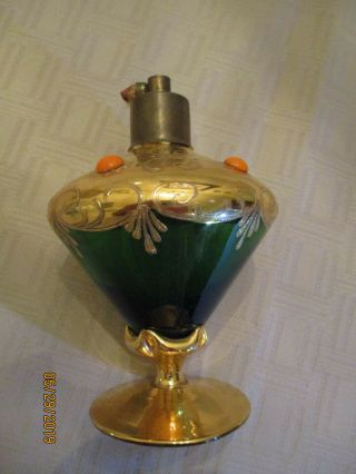 Antique Atomizer Gold Gilded Perfume Bottle,  Emerald Green Glass.