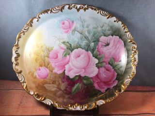 Antique Tressemann & Vogt (t&v) 16” X 14” Hand Painted Platter Pink Roses (14)