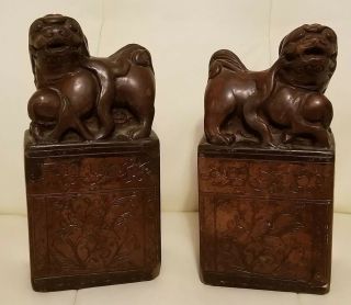 Set Of 2 Vintage Antique Chinese Foo Dog Bookends Carved Ornate