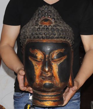 5730g Chinese Wood Carved Lacquer Buddha Head Portrait Statue Height 51cm