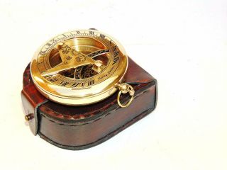 Nautical Antique Marine Brass Push Button Pocket Sundial Compass W/leather Box