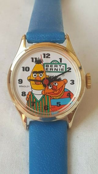 Vintage Bert And Ernie Character Watch Wind Up Bradley Sesame Street Gold Case