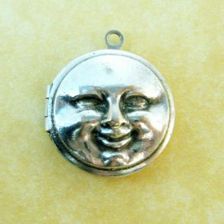 Vintage Antique French Silver Moon Face Locket Charm Opens To Smaller Moon Face