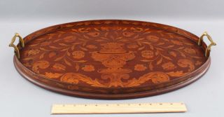 Antique Circa - 1900 Marquetry Inlaid,  Solid Mahogany Oval Wood Tray,  Nr