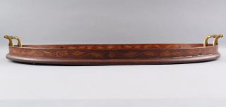 Antique circa - 1900 Marquetry Inlaid,  Solid Mahogany Oval Wood Tray,  NR 2