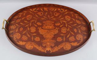 Antique circa - 1900 Marquetry Inlaid,  Solid Mahogany Oval Wood Tray,  NR 3