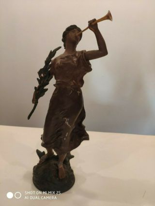 Antique Vintage French Spelter - Brass Trumpet Playing Lady Figure - French