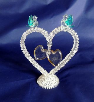 Vintage Spun & Blown Glass Open Heart,  Birds & Double Hearts Wedding Cake Topper