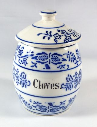 Small German Flow Blue Porcelain " Cloves " Onion Pattern Kitchen Spice Jar