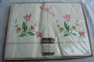 Vintage Embroidered Floral Pillow Cases & Plain Bolster Set Boxed &