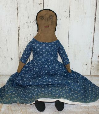 Old Cloth Rag Doll,  Make Do,  Old Body,  Early Blue Calico Dress,  Antique Textile