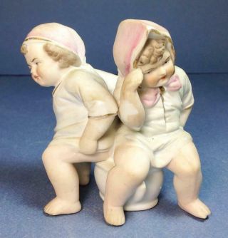 Antique Bisque Figurine Boy And Girl Babies On Potty Chamber Pot Germany C1900