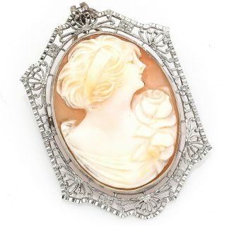 Antique 14k White Gold Cameo Brooch Pin Pendant 5.  3 Grams 34 Mm X 23.  7 Mm
