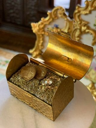 Artisan Miniature Dollhouse Vintage Hand Crafted Brass Treasure Trunk Filled