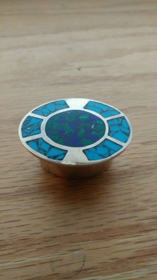 Mid - Century Sterling Silver Lapis,  Malachite And Turquoise Inlaid Pill Box
