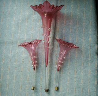 Old Antique Blown Glass Victorian 3x Epergne Flute Trumpet Vases Cranberry Ruby
